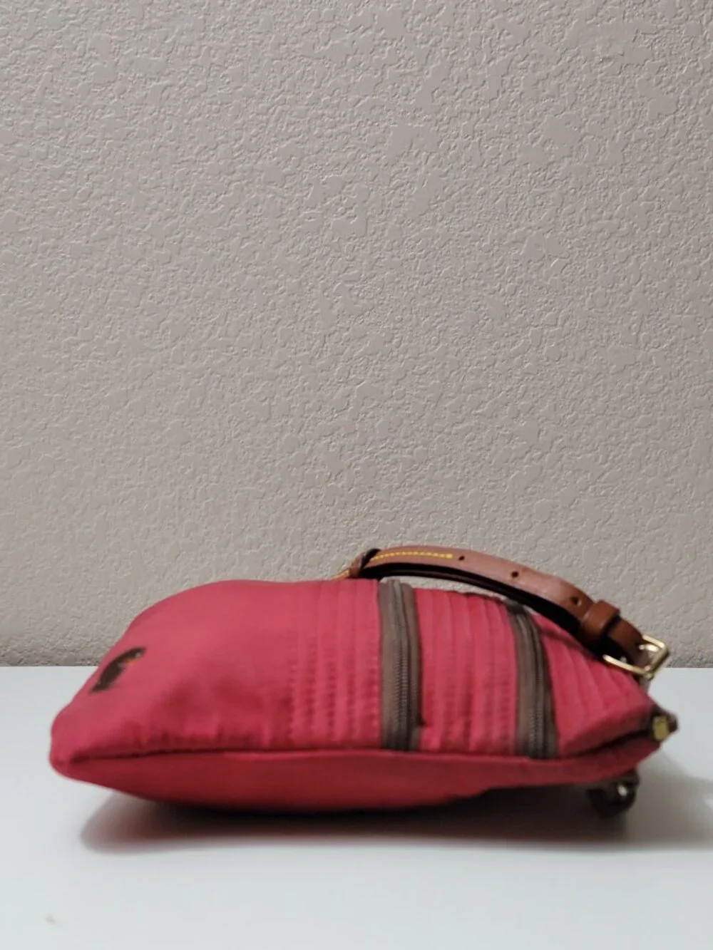 Dooney and Bourke Red Nylon Triple Zip Crossbody Bag Leather Trim Duck Logo